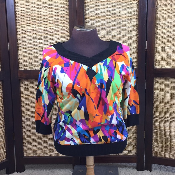 Sweaters - Multicolored Knit Sweater Top 3/4 Sleeve Large